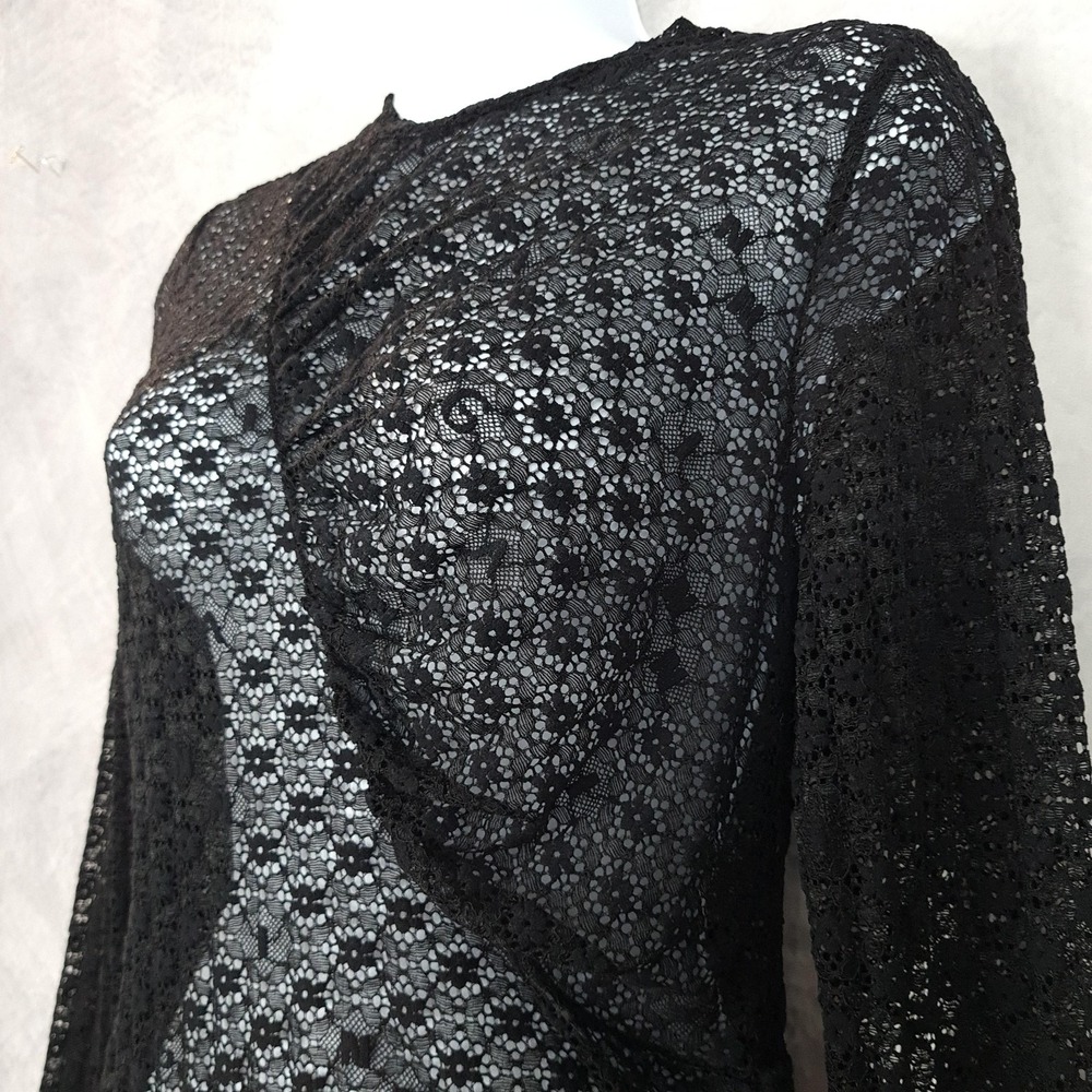 Ganni Lace Top Womens Medium Black Floral Sheer Long Sleeve Ruched - Picture 3 of 16